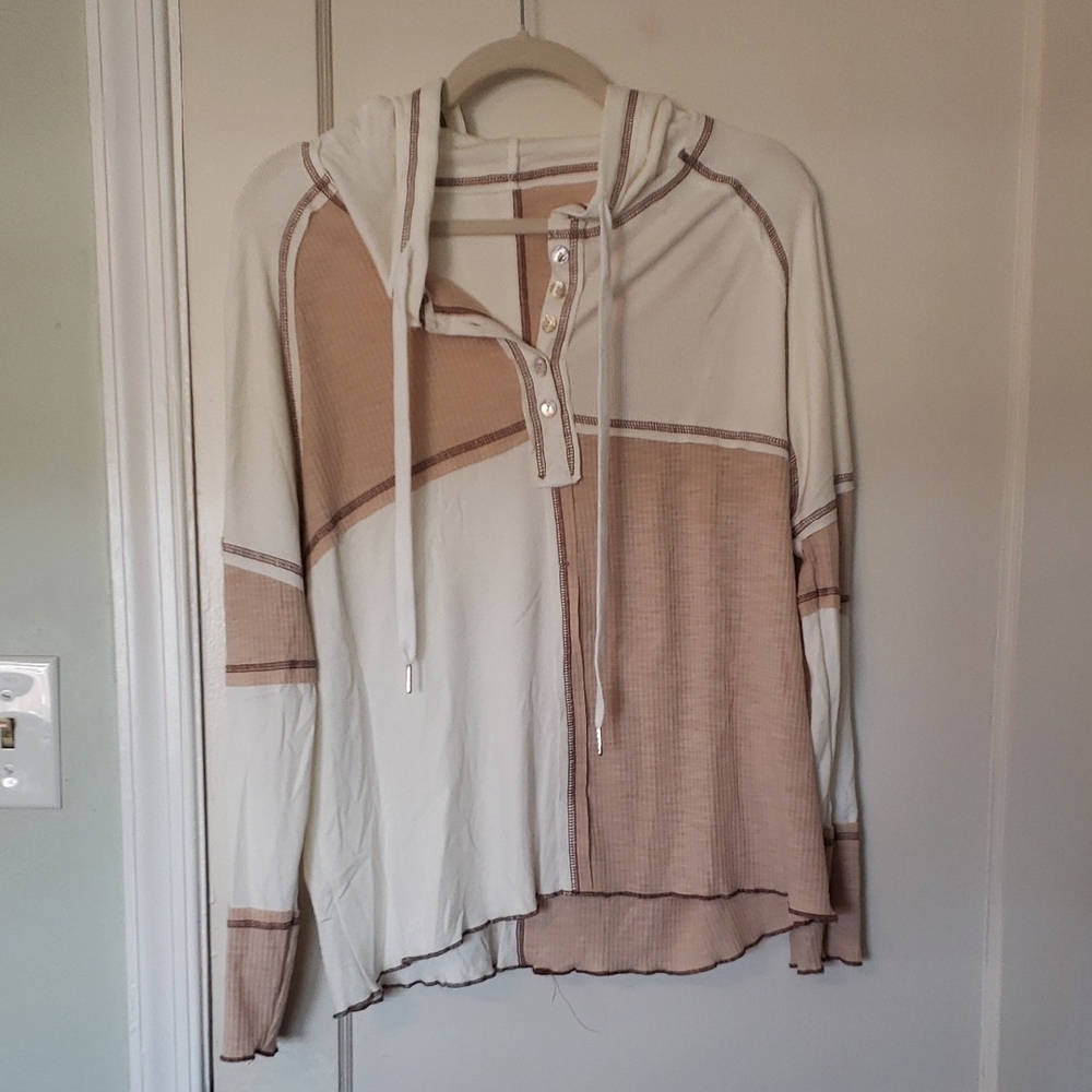 Colorblock Hoodie with Button Detail Small